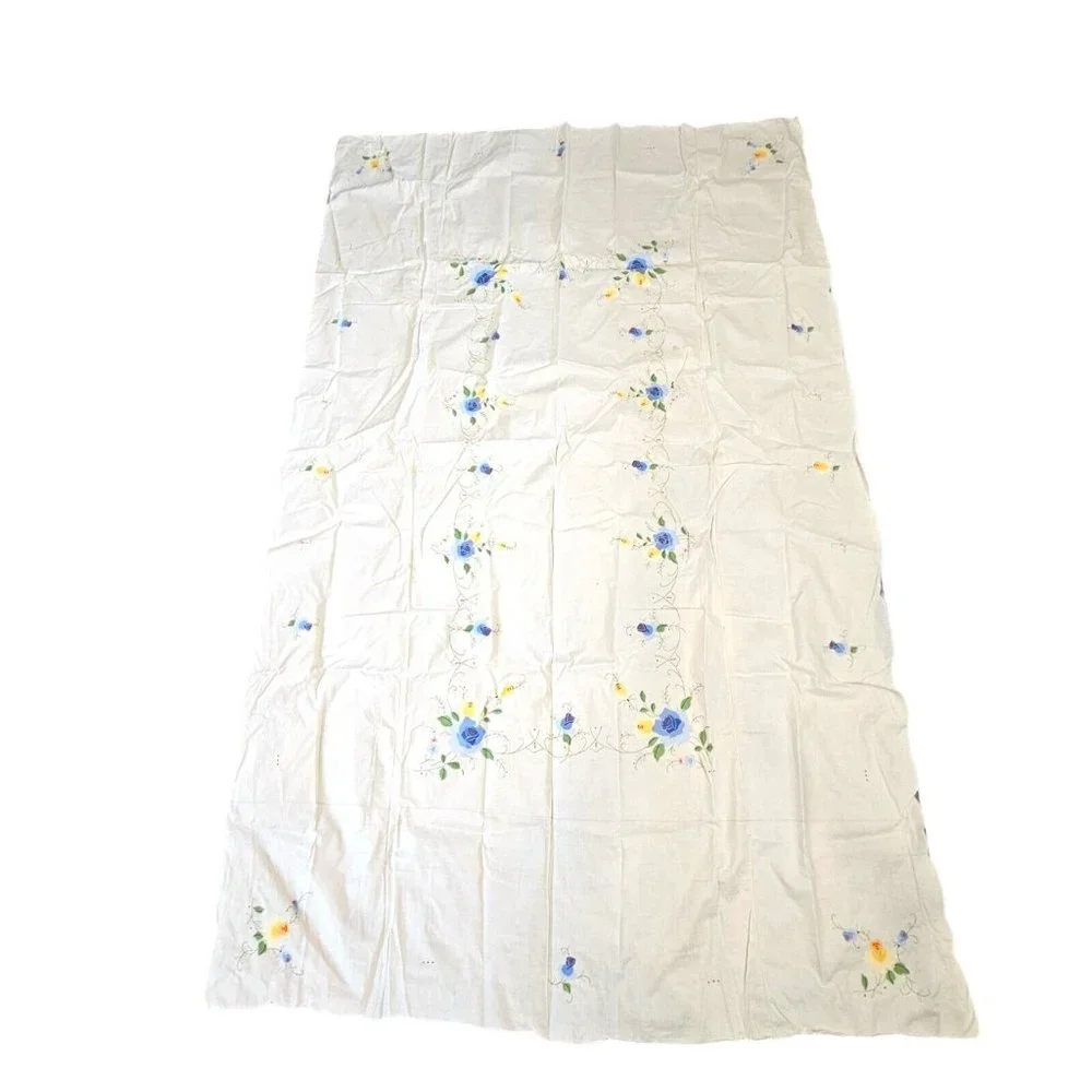 Rectangle Tablecloth Floral Blue Yellow Embroidered 12 Napkins White 63 X 100‎